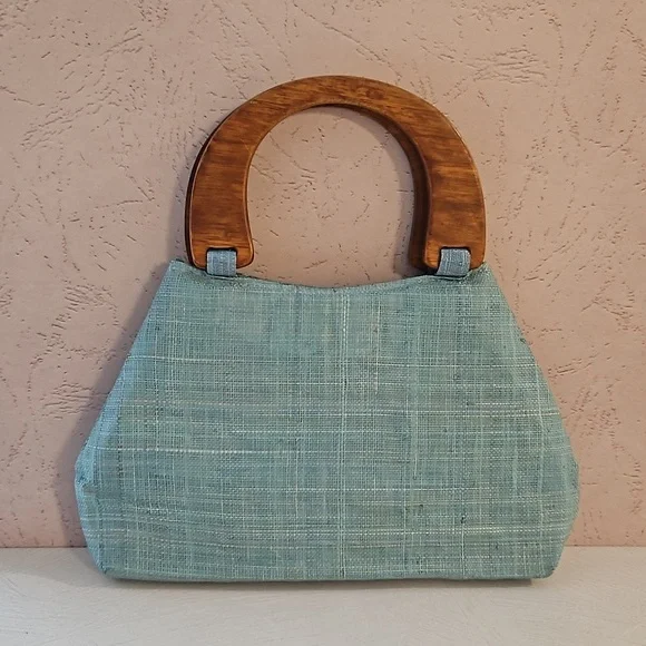 Vintage MOP accents wood handle bag purse 60s style material retro EUC - Picture 2 of 10